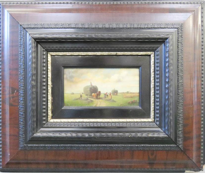 P.R Hun, hay-carts and farm-workers, oil on board, in a dutch style ripple moulded frame, 10 by