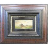 P.R Hun, hay-carts and farm-workers, oil on board, in a dutch style ripple moulded frame, 10 by