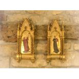 A rare pair of fine 19th century parcel gilt tabernacles, the carved Gothic revival frames with