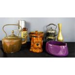 Silver plated kettle on stand, copper kettle, stoneware lidded pot, brass engraved vase.