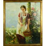 Continental School: oil on board, woman in a garden holding a basket, indistinctly signed lower