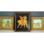 A Victorian print, portrait of a girl a Spanish bull & fighter picture composed of straw, and two