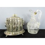 A Victorian cut glass jug and a silver plated tea caddy and cover on stand.