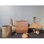 A copper coal bucket, two lamps, a jelly mould and tankard.