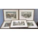 A group of five Victorian prints, 19th century, Marketing on Christmasa Eve in London etc.