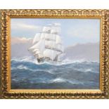 Michael J Whitehand (20th century): British Ship on choppy seas, oil on canvas, 60 by 75cm.