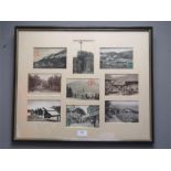 A group of early black and white French postcards , mounted and framed.