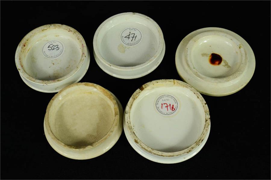 A group of five small Prattware pot lids. - Image 2 of 2