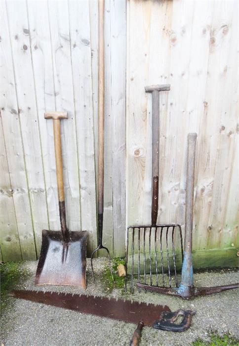 A group of garden tools, including shovel, pick axe, fork, hay fork and saw.