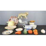 A Carltonware jug, ceramic vegetables, Victorian bowl, soup ladle etc.