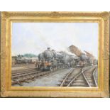 Adrian Thompson (20th century): Locomotives, oil on canvas, 75 by 100cm.