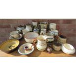 A group of Torquay ware, including tea pot, bowls, dishes, loving cup, chamber stick, jugs, hair