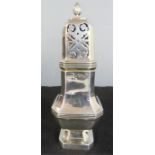 A silver sugar caster, Birmingham 1933, maker FCR, square form with canted corners, 18cm high, 4.