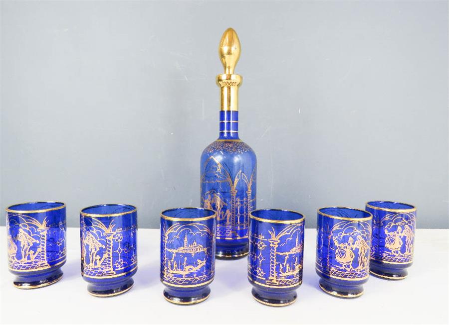 A Venetian glass cobalt blue and gold caraf and beaker set, circa 1970.