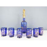 A Venetian glass cobalt blue and gold caraf and beaker set, circa 1970.