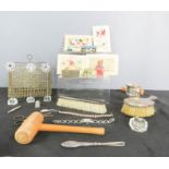 A quantity of items including silver hairbrush, silver handled tweezers, and various other
