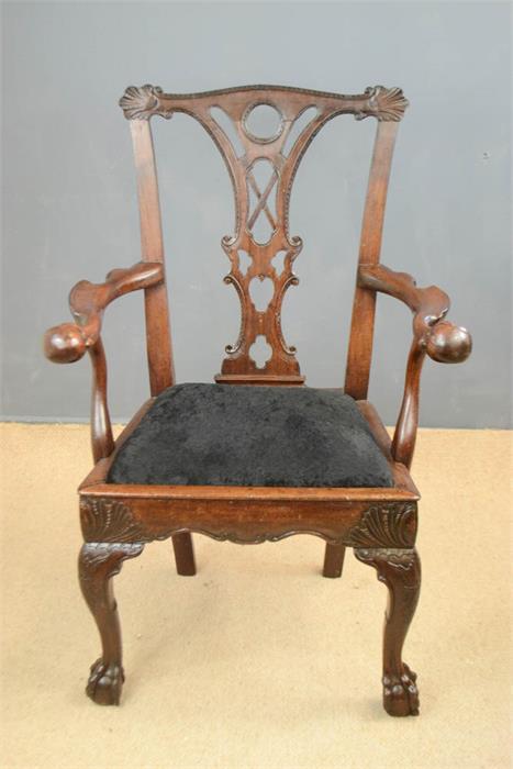 A rare Chippendale period arm chair, with unitual ball and claw terminal arms, circa 1760, - Image 2 of 9