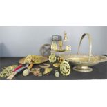 A group of metalware, including a matchbox holder/stand, horse brasses, silver plated dish, etc.