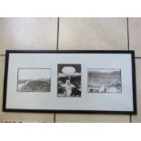 Three framed photographs of Hiroshima, black and white.
