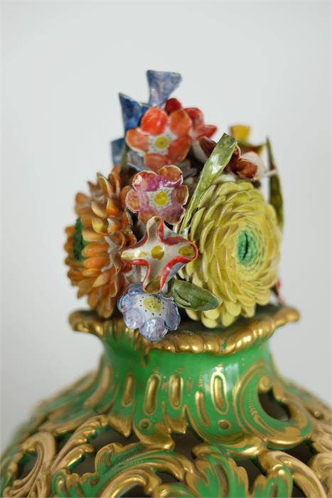 A French 19th century porcelain vase, with green ground and painted with floral groups, with gilt - Image 3 of 5