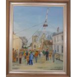 K Fawcett: Erection of the Maypole, oil on board, signed.