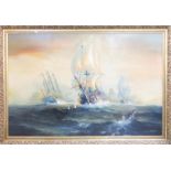 Michael J Whitehand (20th century): Galleon ships in battle, oil on canvas, dated 1979, 90 by 136cm.