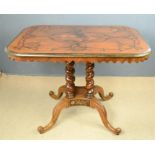 An Austrian walnut centre table, with marquetry inlaid top, and four barleytwist supports forming