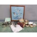 A silver plated tea set, flatware, a Sadler tea set, commemorative ware, linen and Mrs Beatons