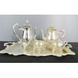 A silver plated tea and coffee service with tray.