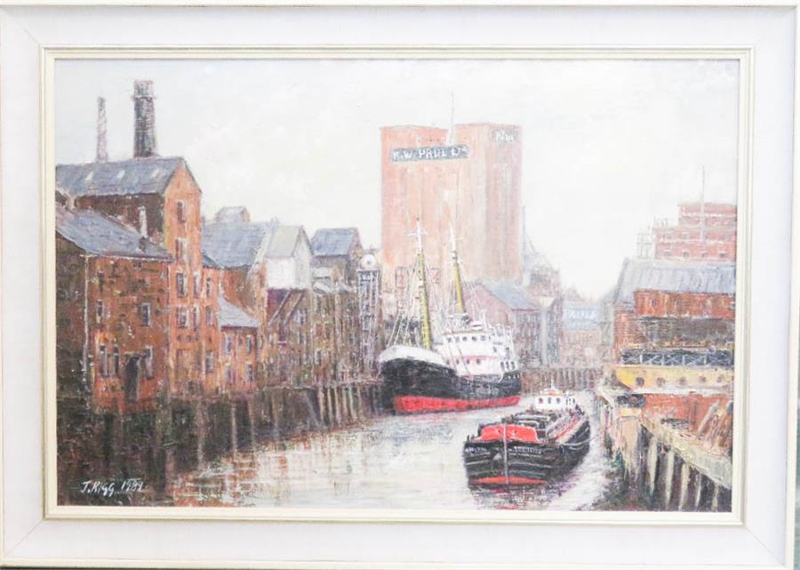 J Rigg (20th century): Quiet Sunday Morning River Hull, Yorkshire, 1988, 50 by 75cm.