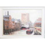 J Rigg (20th century): Quiet Sunday Morning River Hull, Yorkshire, 1988, 50 by 75cm.