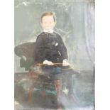 A 19th century painting of a boy with whip seated in a chair, 67 by 55cm.