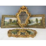 Two giltwood wall mirrors and a pair of oil on board.