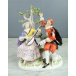 A Dresden arbour fine porcelain group, modelled with lady playing lute, gallant holding music with a