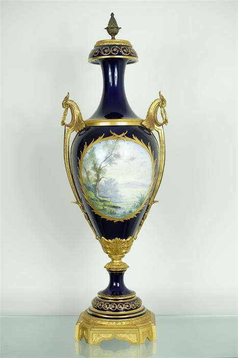 A French Ormolu-Mounted Sèvres Style Porcelain Vase, cobalt blue ground and hand painted oval - Image 2 of 4