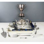 A quantity of silver plateware, including Darts Trophy, tea pot, silver handled cutlery set etc.