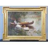 Bailey: swans on a lake with lady in a rowing boat, oil on canvas, signed.