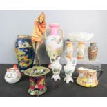 A Moorcroft vase, Doulton jug, cloisonne vase, pair small jugs, Satsuma cases, pink lustre vase,