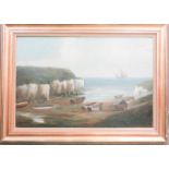 E A Redmore (19th century): white cliffs with fishing boats and figures to the fore, 50 by 75cm.