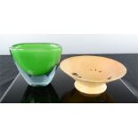 A green glass dish, initialled LH 1316/75 to the base, 8cm high, together with a wooden studio bowl,
