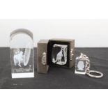 Two etched glass ornaments and keyring.
