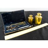 A 19th century Mathmaticians set, an Abraham of Liverpool ruler, two brass weights.