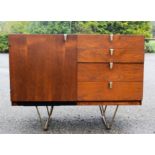 A small teak sidecupboard with four drawers, and one cupboard door.