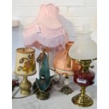 A group of lamps, including a red parafin lamp.