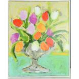 Fenella Beauchamp (20th century): oil on canvas, tulips in a vase, signed, dated 2016, 51 by 40cm.