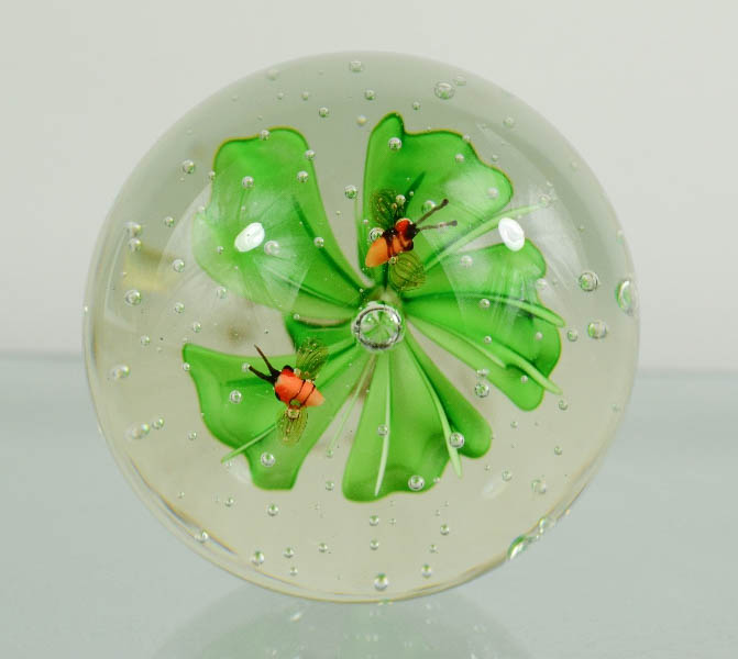 A Murano glass paperweight with green flower and two bees. - Image 2 of 2