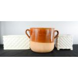 A French terracotta twin handle pot, and two ceramic basket weave jardineres.