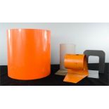 An orange plastic mid 20th century design bin together with three metal stands.