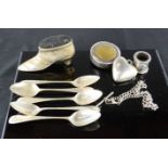 A group of five silver spoons, a shoe form pin cushion, a silver pocket watch fob and a pocket watch