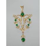 A Victorian 9ct gold, seed pearl and green paste pendant, in a stylised floral design with drop